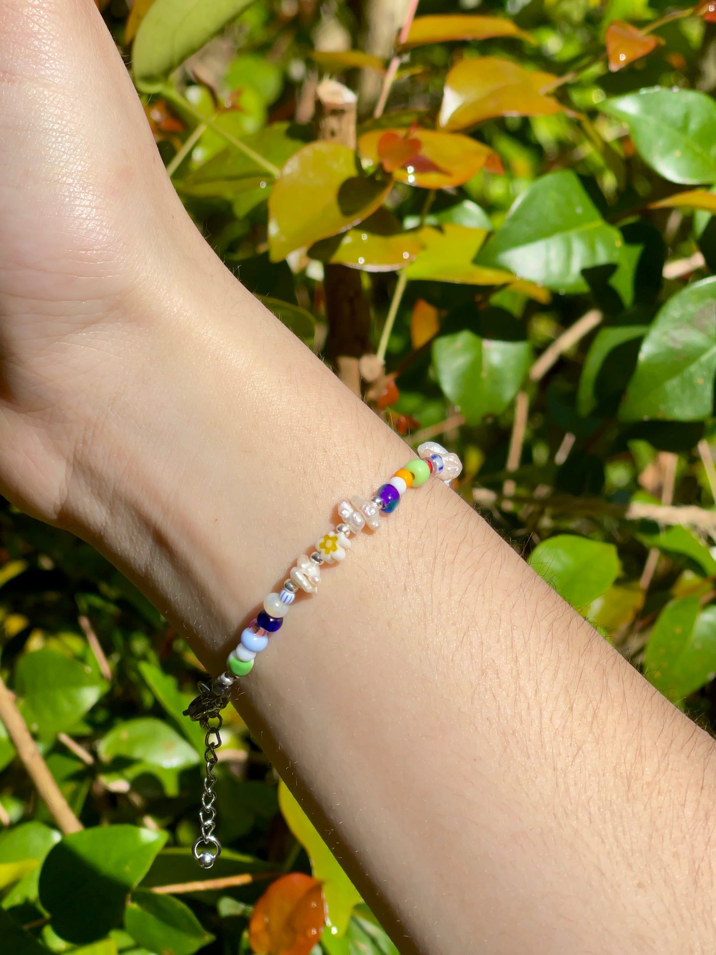 Multicolor Beads and Flower Bracelet