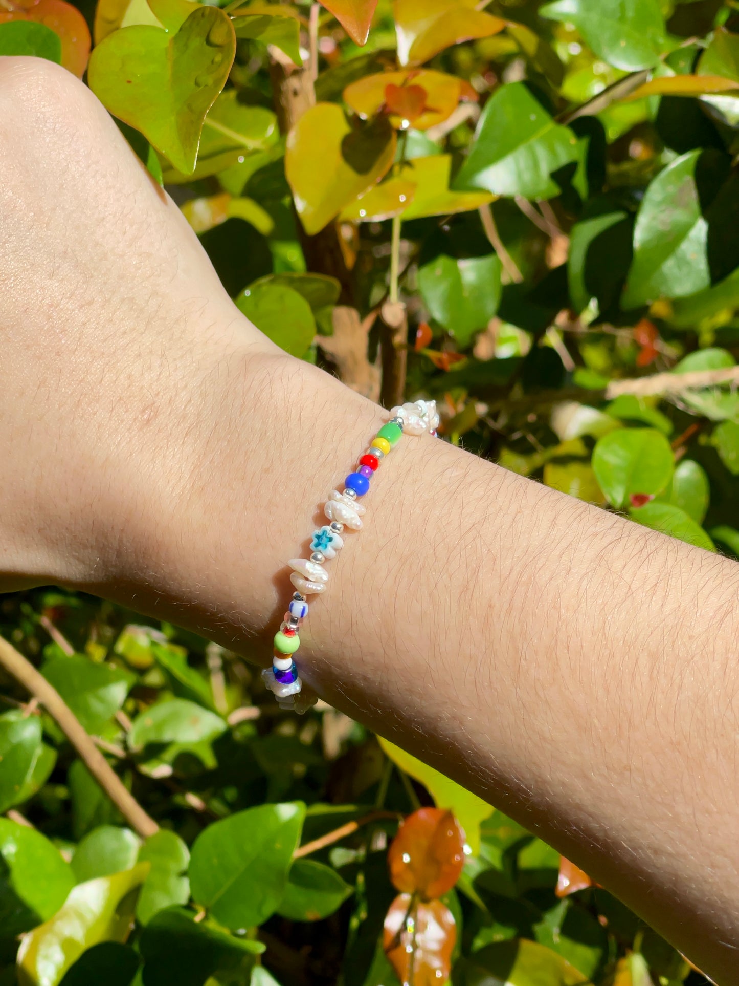 Multicolor Beads and Flower Bracelet