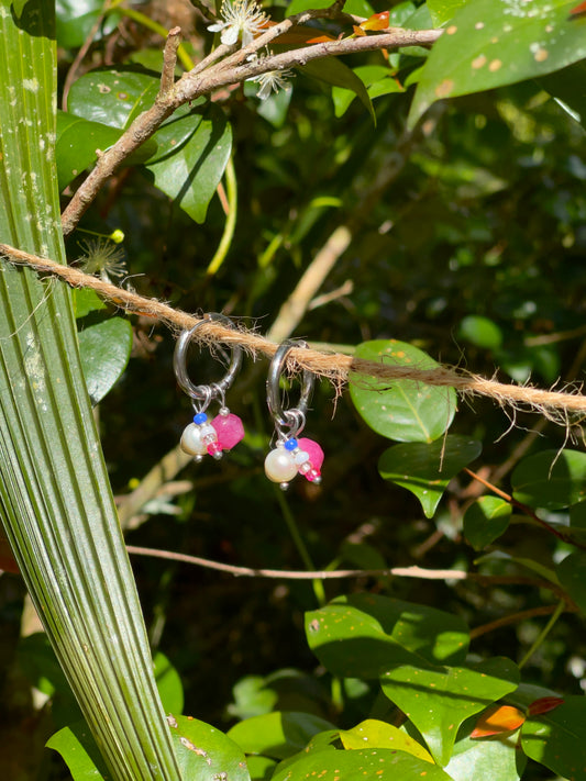 Pink Gemstone and Blue Beads Earrings