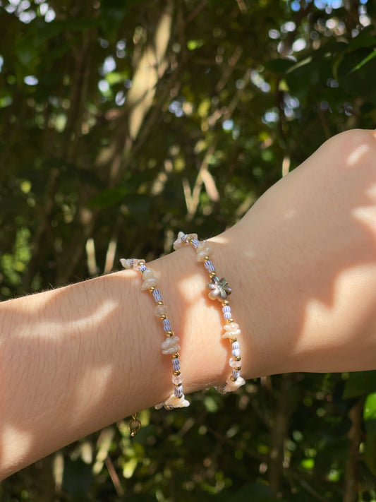 Blue/white and pearl beaded Bracelet (left)