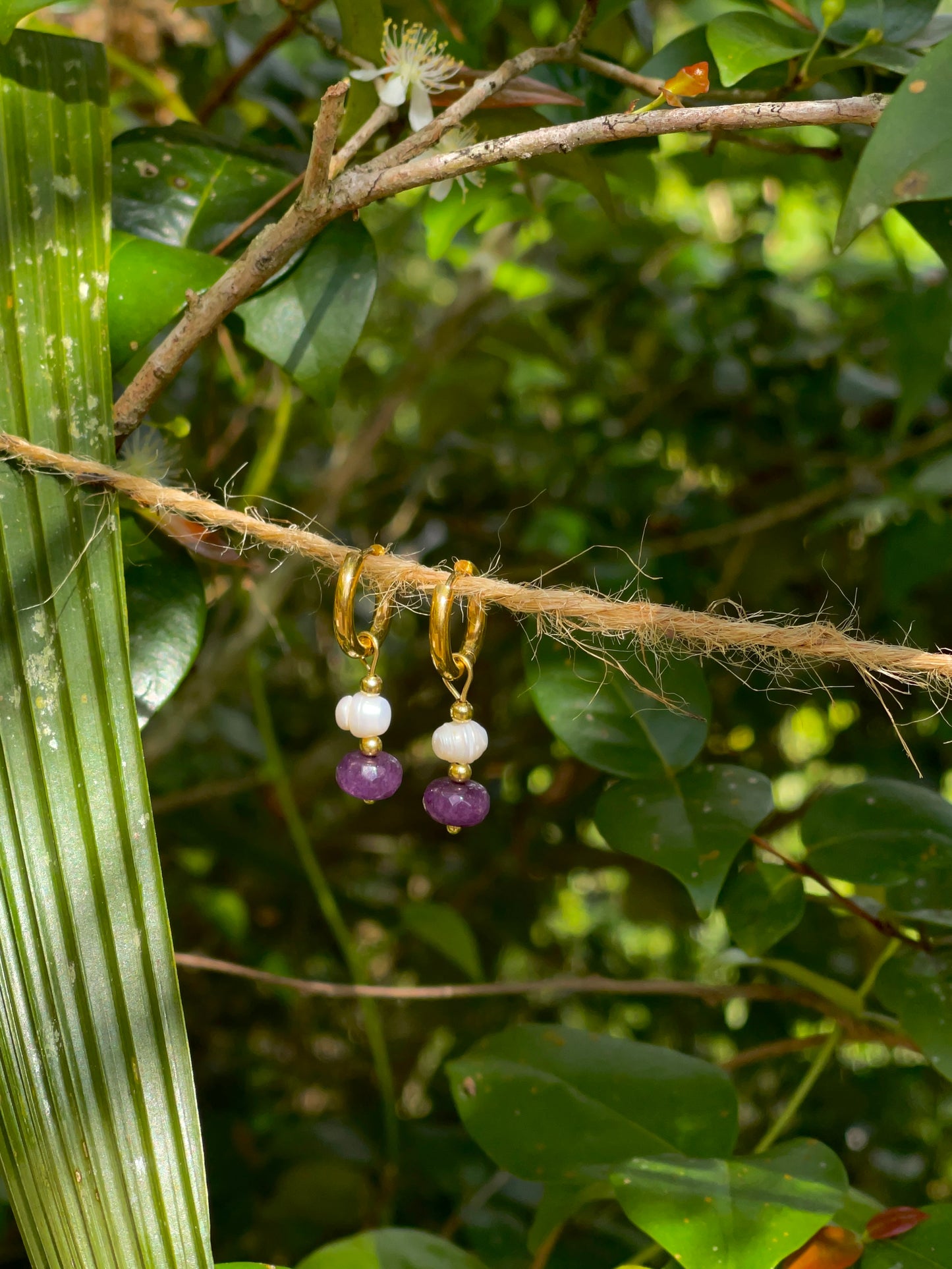 Purple Gemstone and Peal Earrings