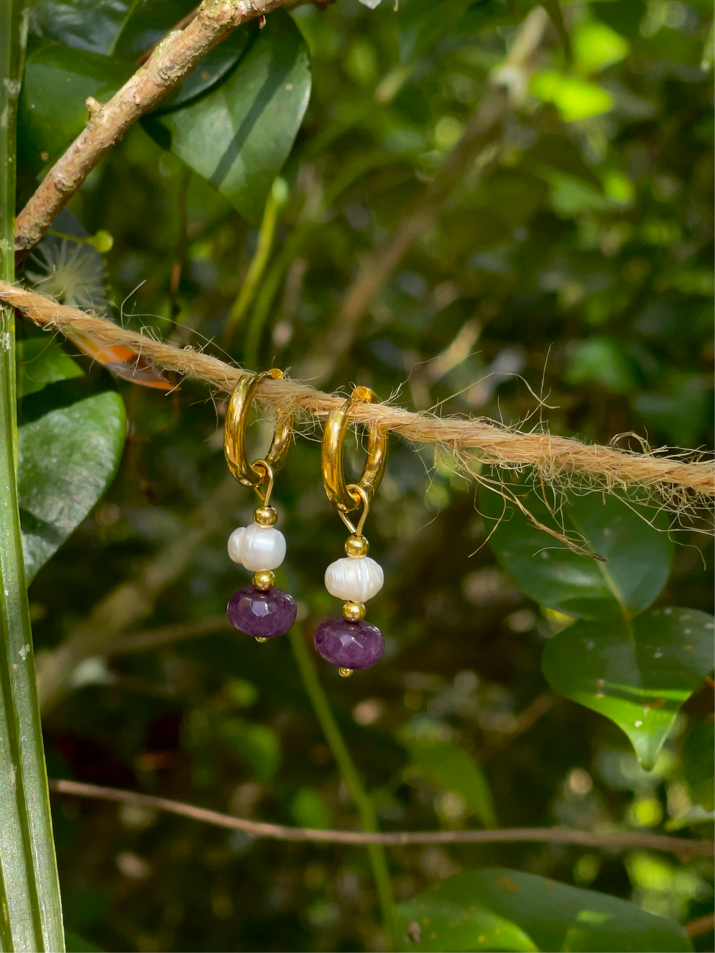 Purple Gemstone and Peal Earrings