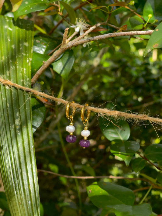 Purple Gemstone and Peal Earrings