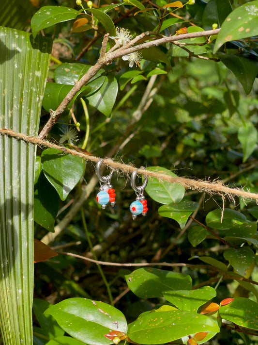 Blue/Orange Glass Flower and Orange Gemstone Earrings